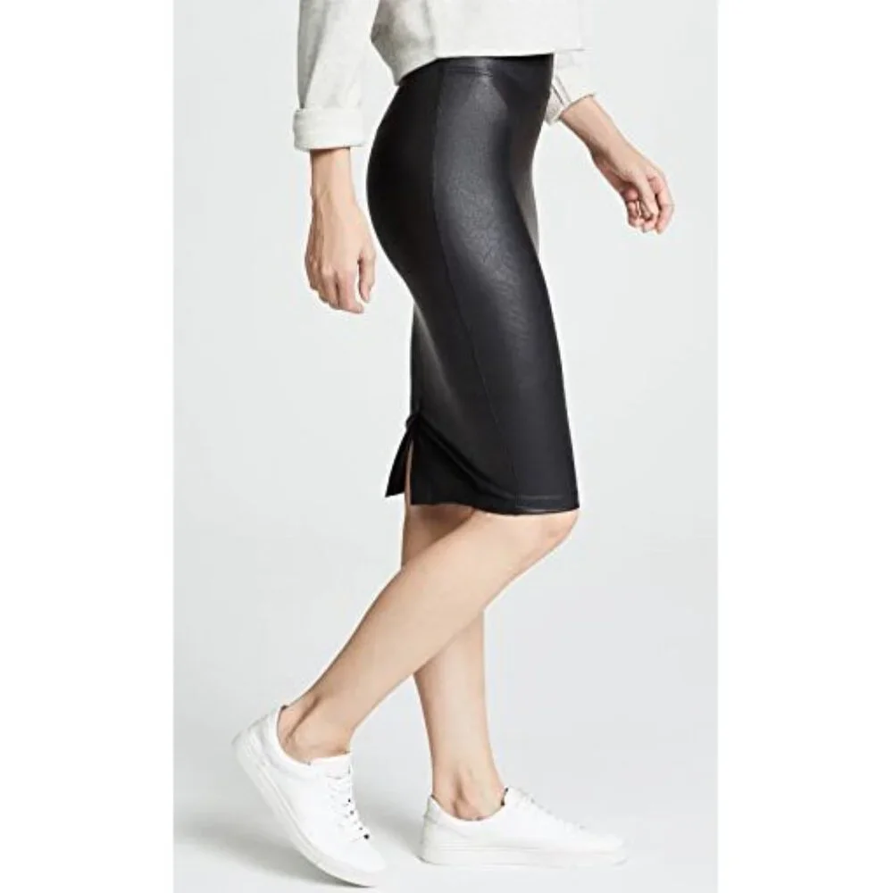 Spanx Faux Leather Pencil Skirt Very Black High-Waist Shiny Stretchy Edgy Midi